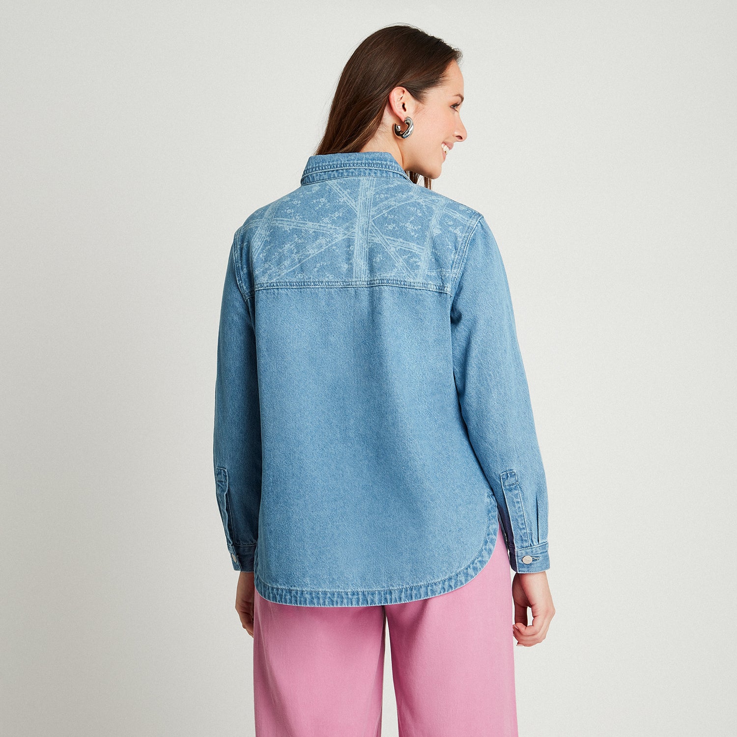 Chaqueta Mezclilla Azul Medio Manga Larga Cuello Camisero