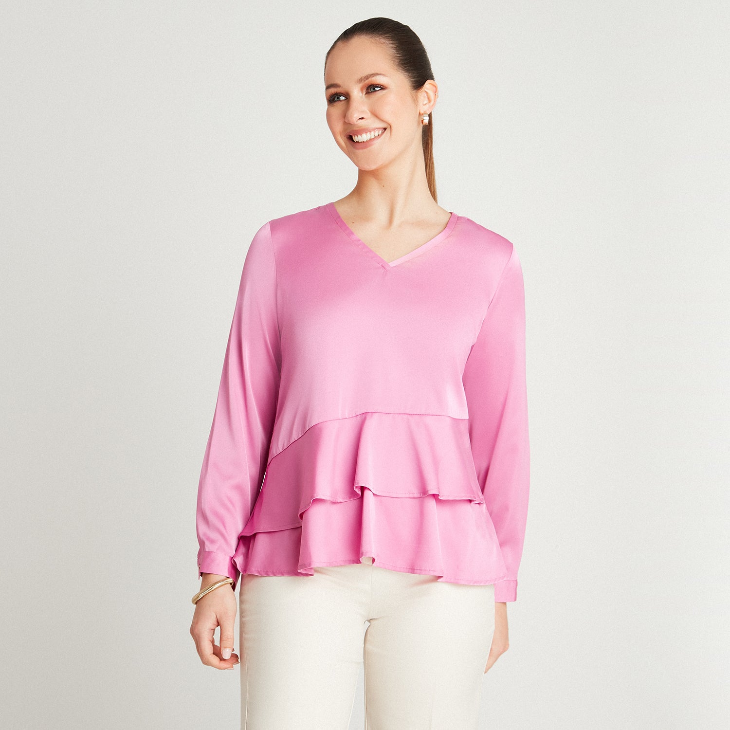 Blusa Rosado Manga Larga Cuello V