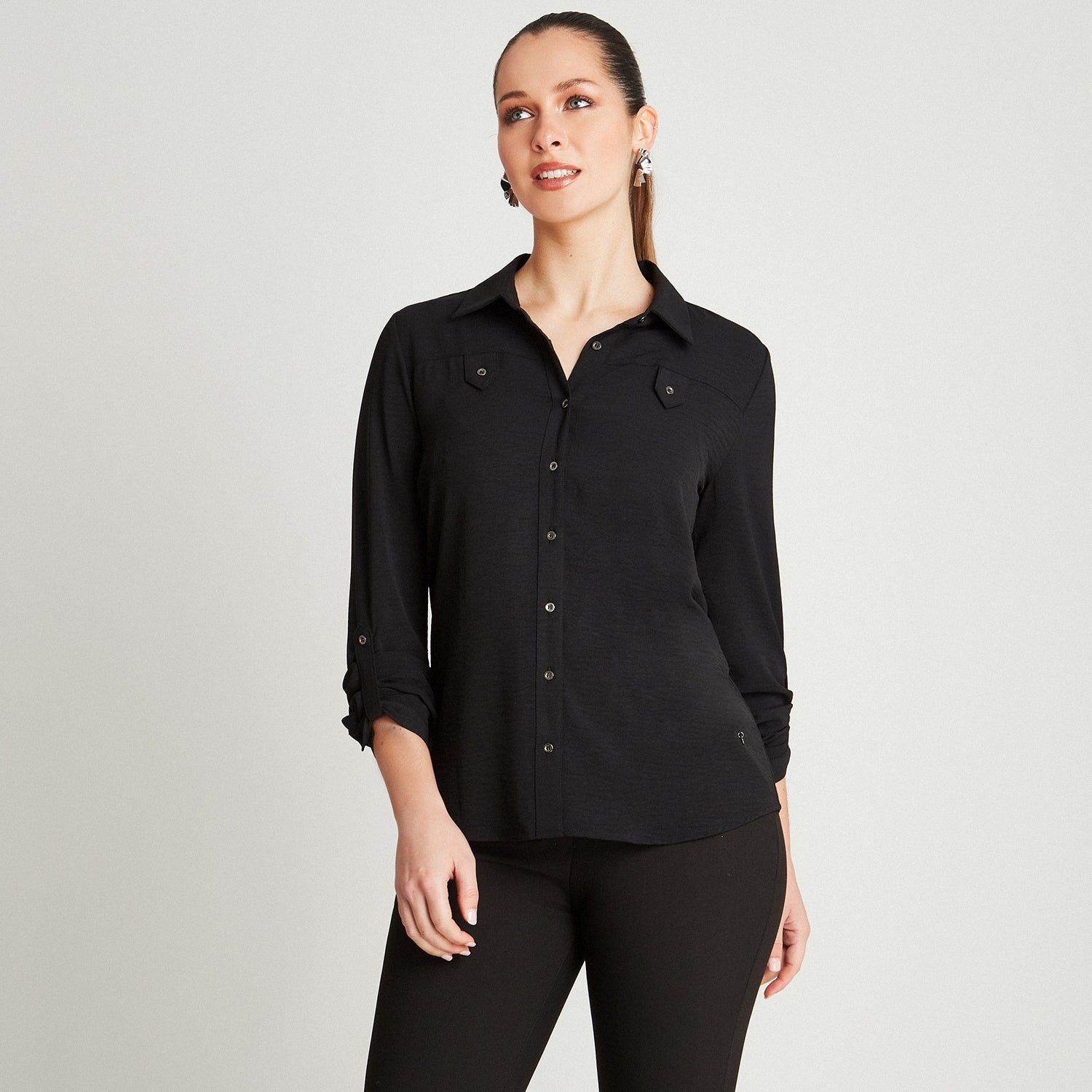 Blusa Negro Manga Larga Cuello Camisero