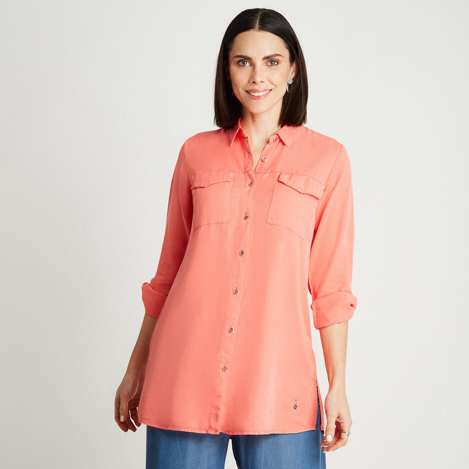 Blusa Coral Manga Roll Up Cuello Camisero