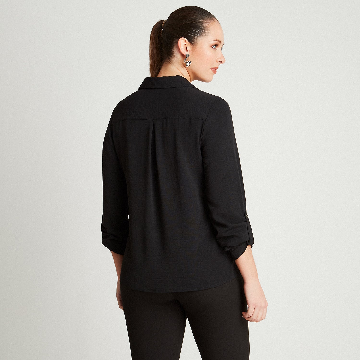 Blusa Negro Manga Larga Cuello Camisero