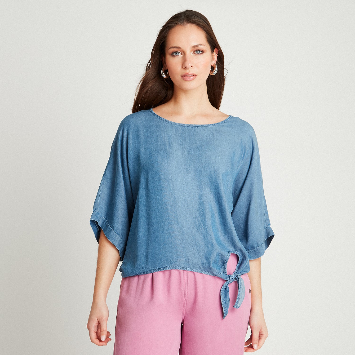 Blusa Azul Medio Manga Kimono Cuello Redondo