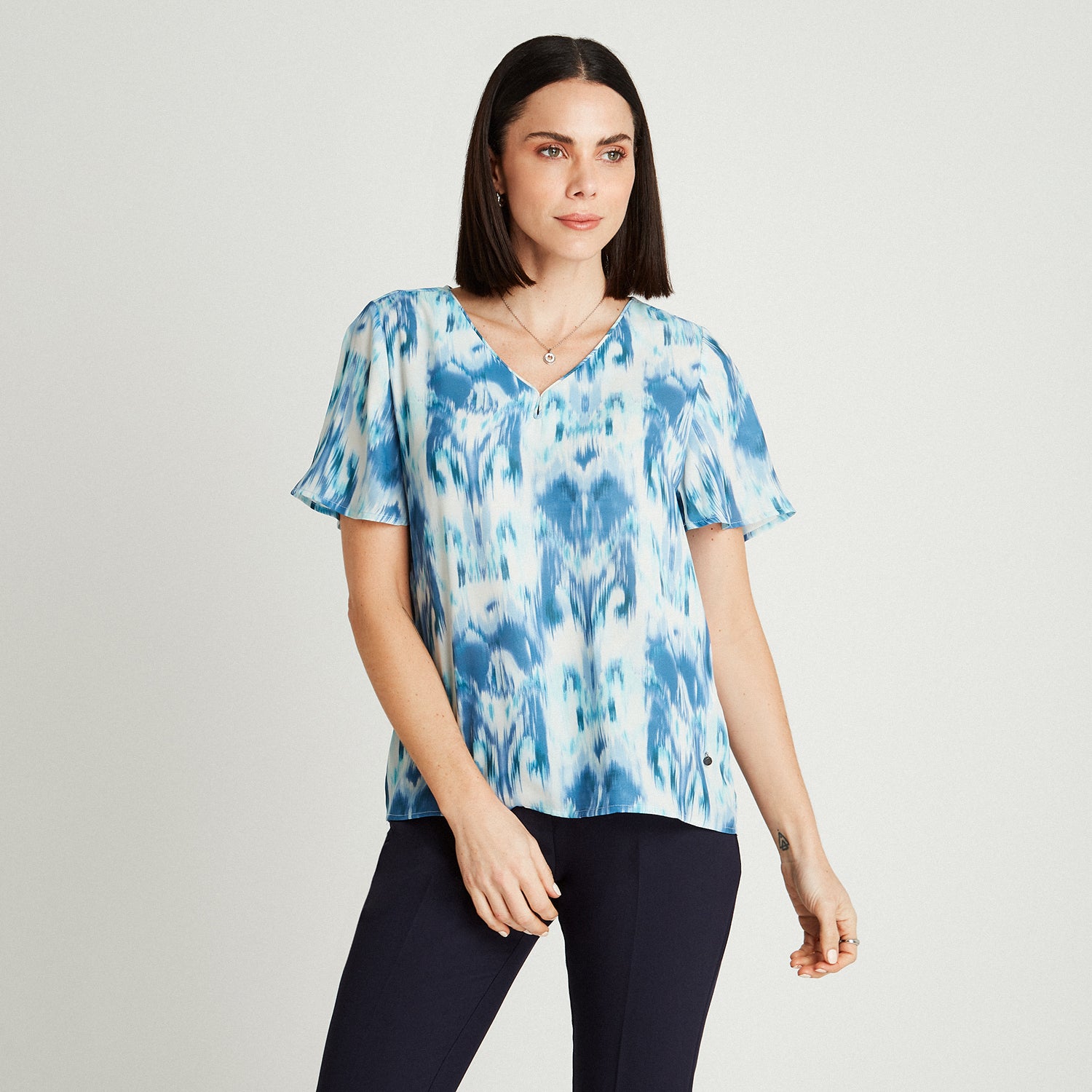 Blusa Celeste Manga Corta Cuello - Lorenzo di Pontti