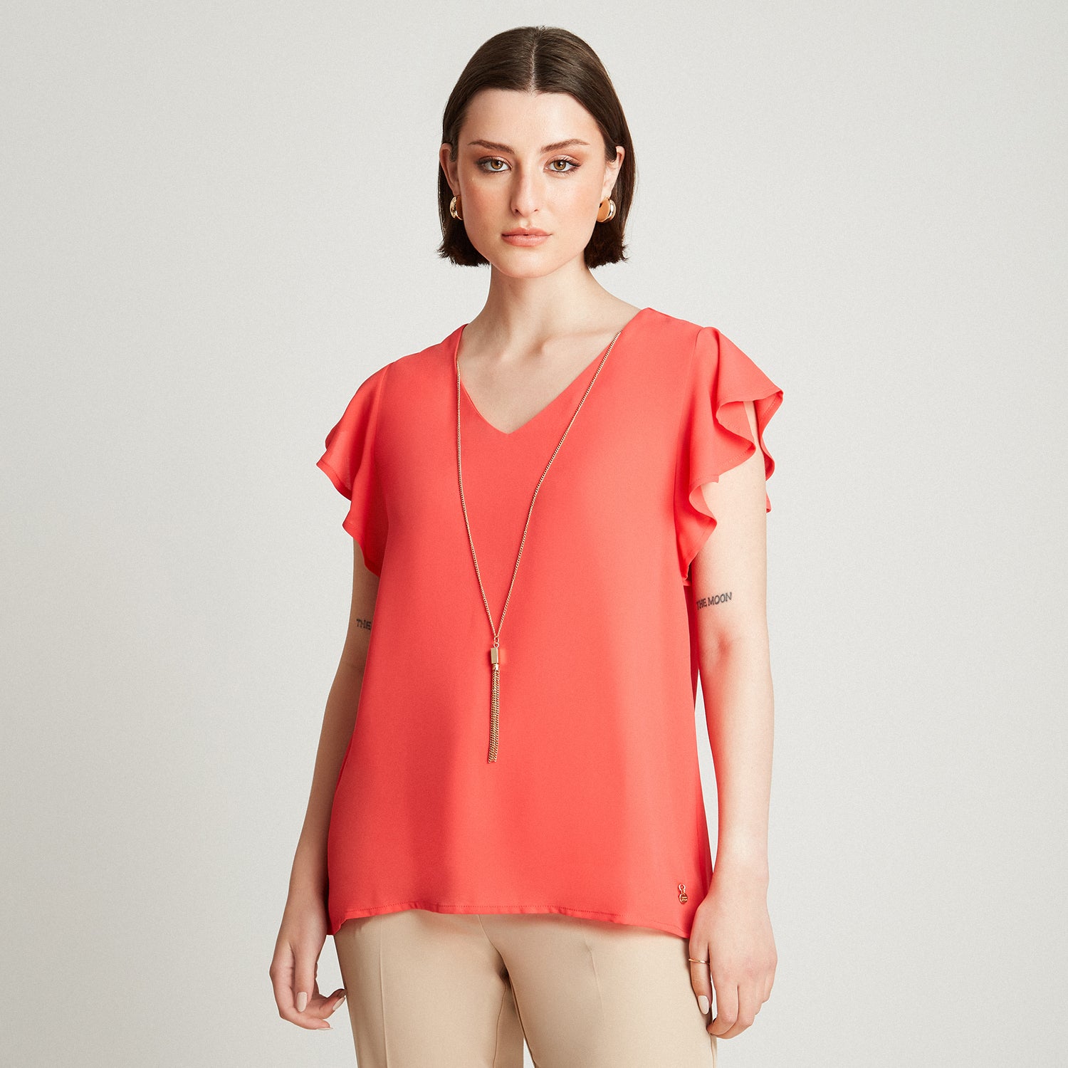 Blusa Coral Manga Vuelo Collar En Escote