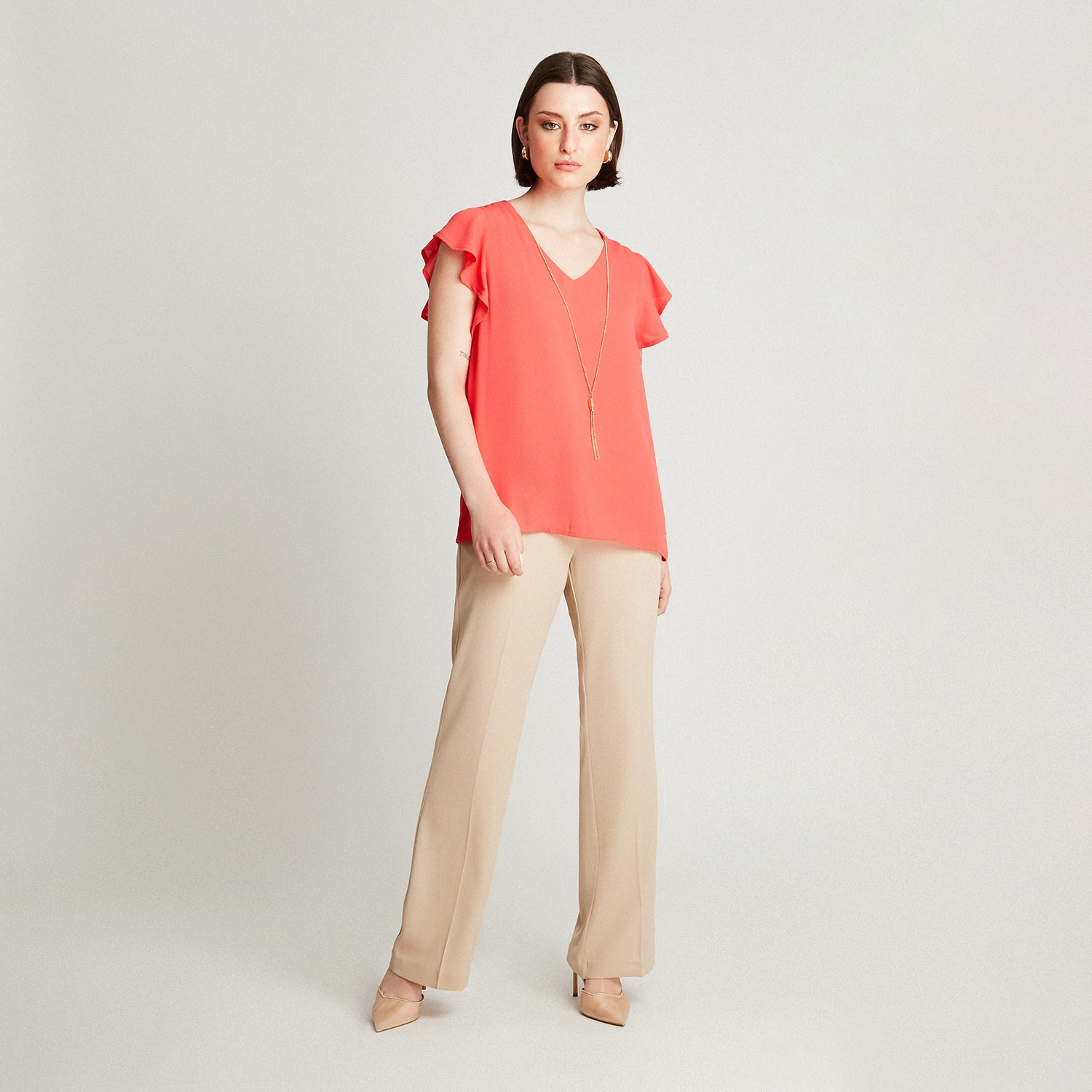 Blusa Coral Manga Vuelo Collar En Escote