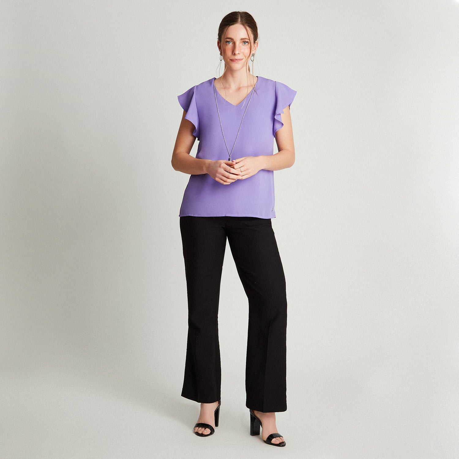 Blusa Morado Manga Vuelo Collar En Escote