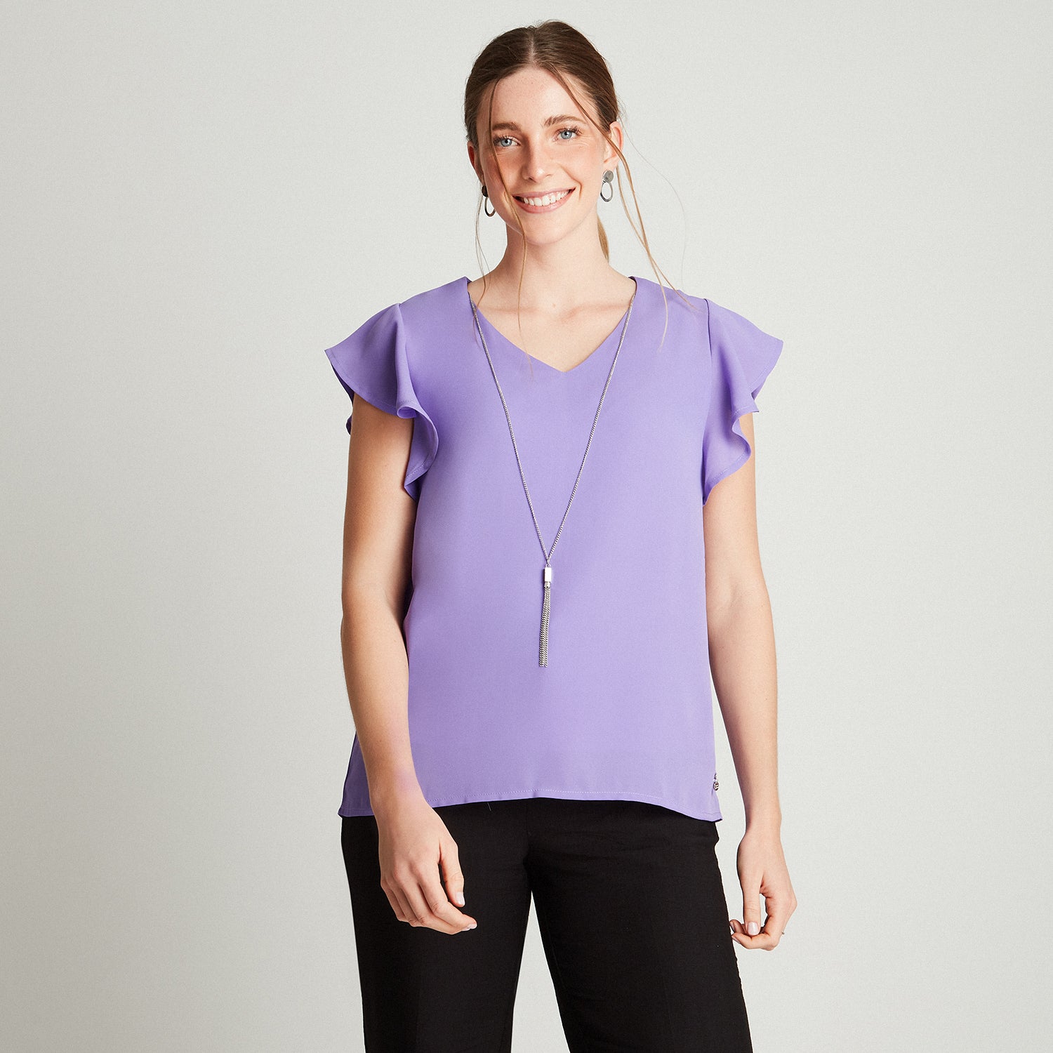 Blusa Morado Manga Vuelo Collar En Escote