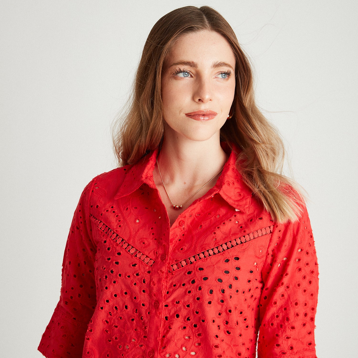 Blusa Rojo De Broderie Manga 3/4