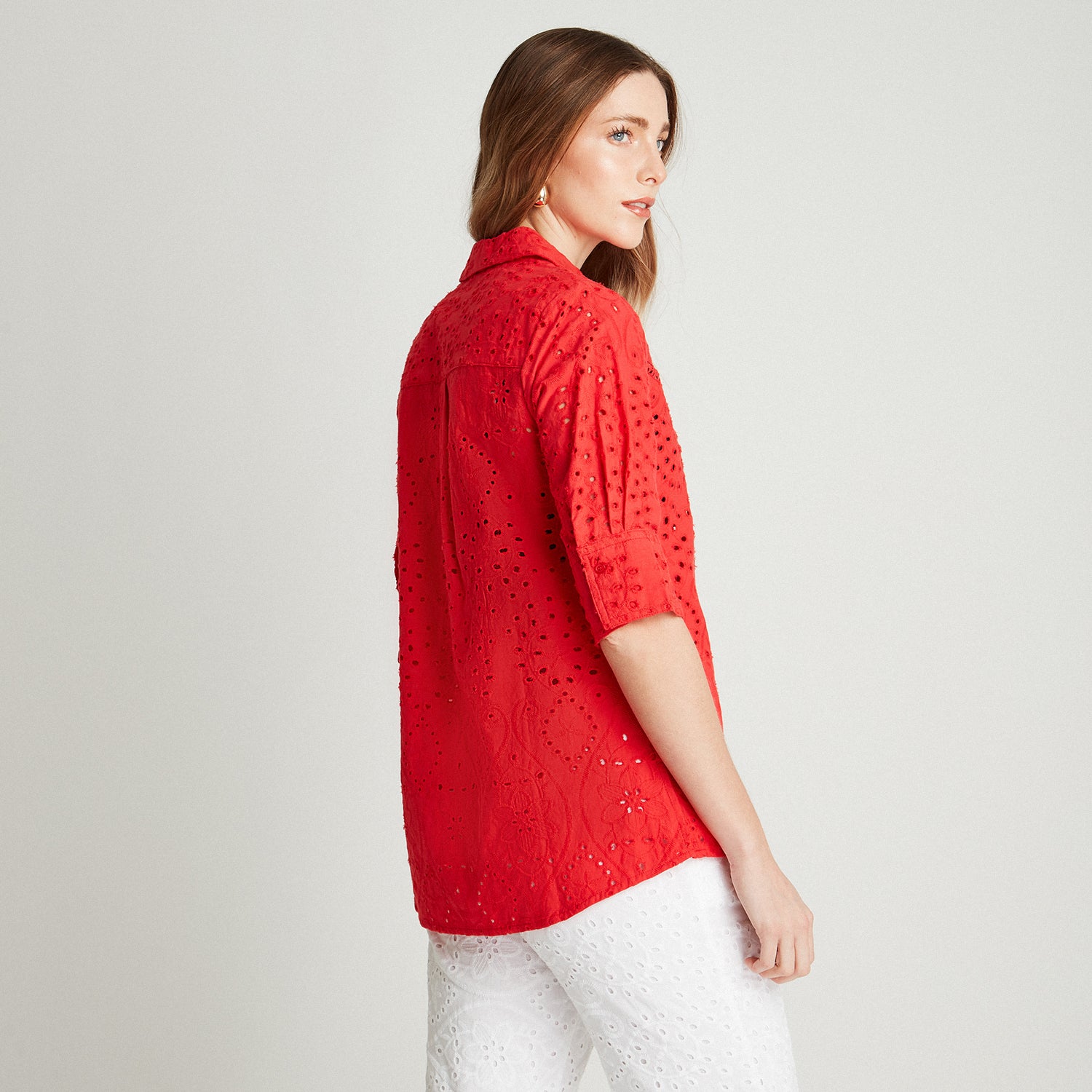 Blusa Rojo De Broderie Manga 3/4