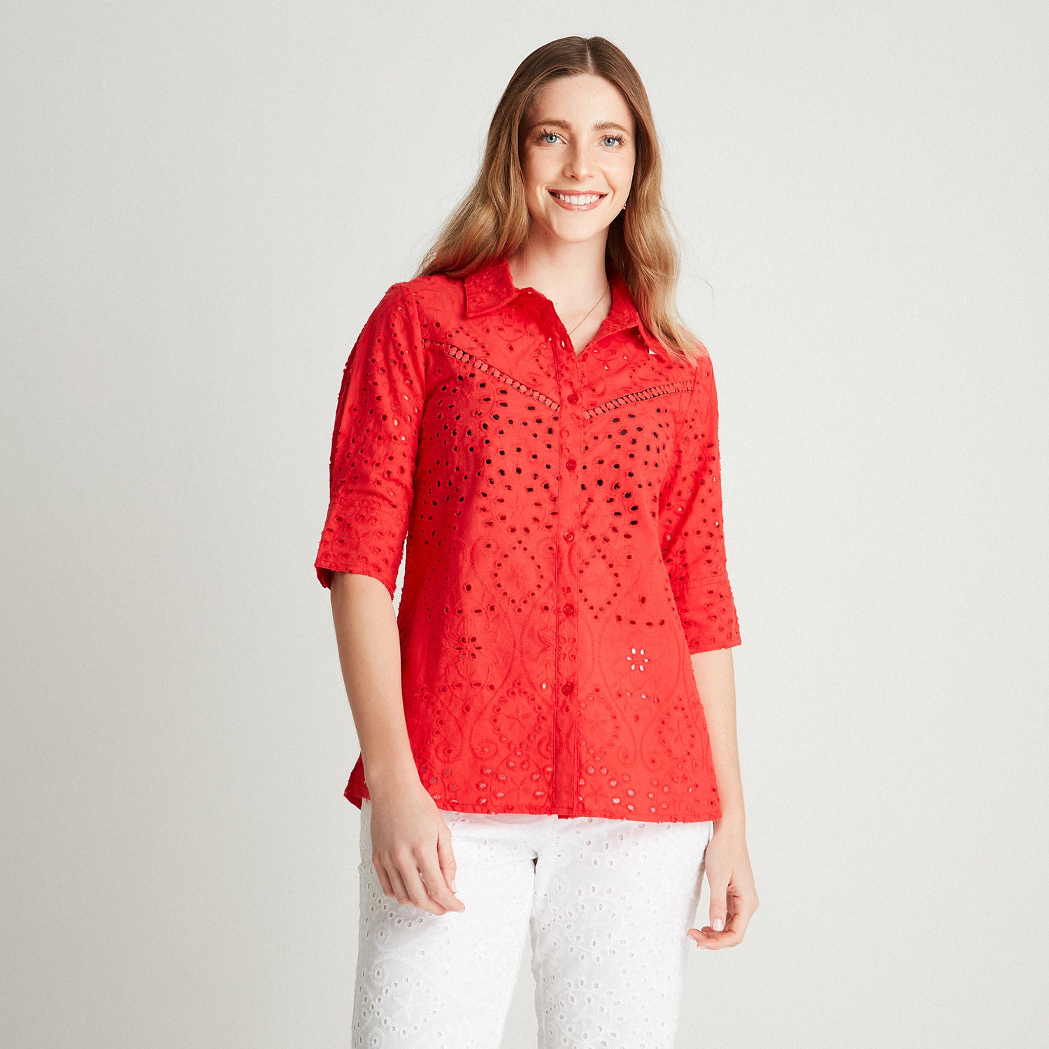 Blusa Rojo De Broderie Manga 3/4