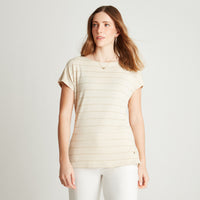 Polera Beige Manga Kimono Listada Cuello Redondo