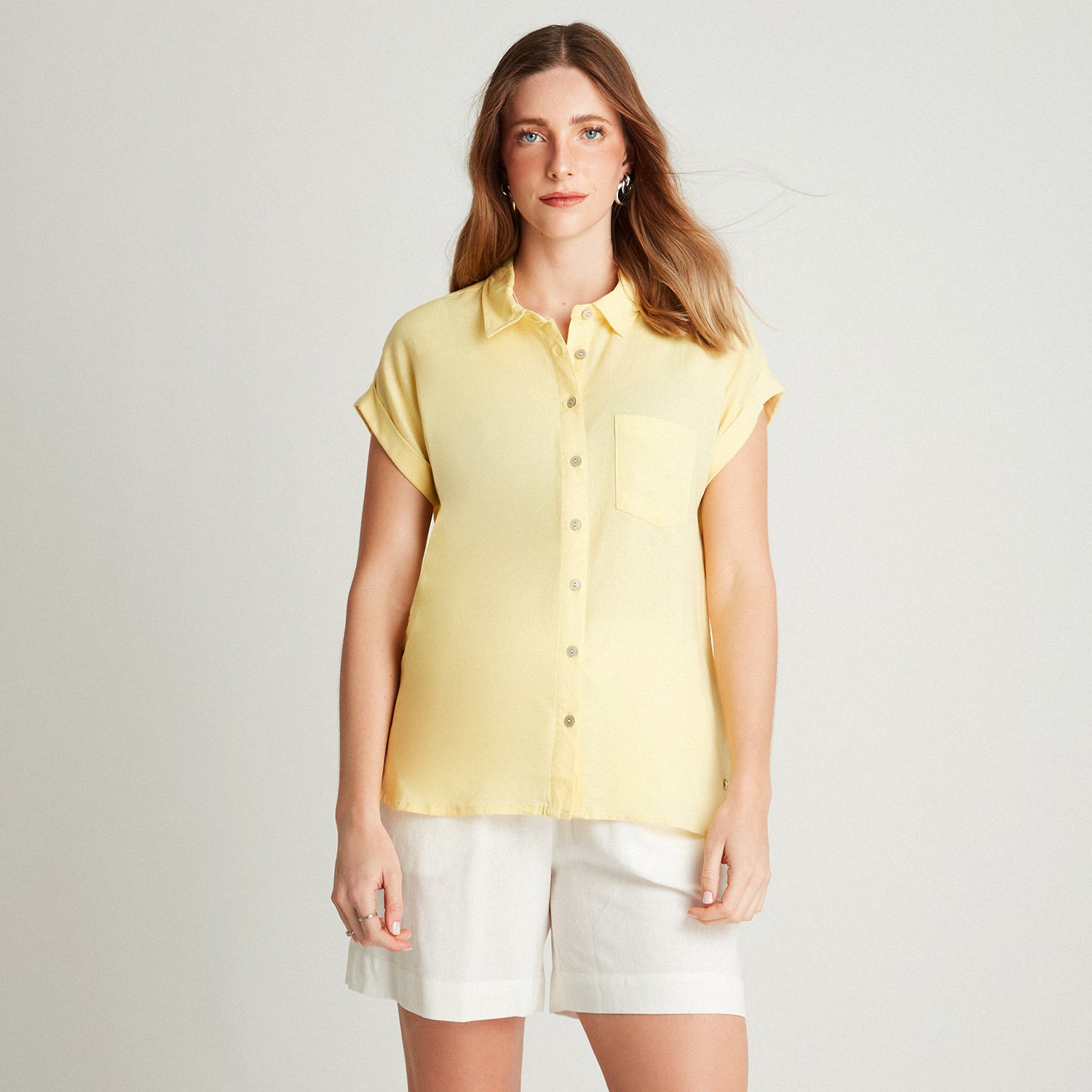 Blusa De Lino Amarillo Manga Corta High & Low