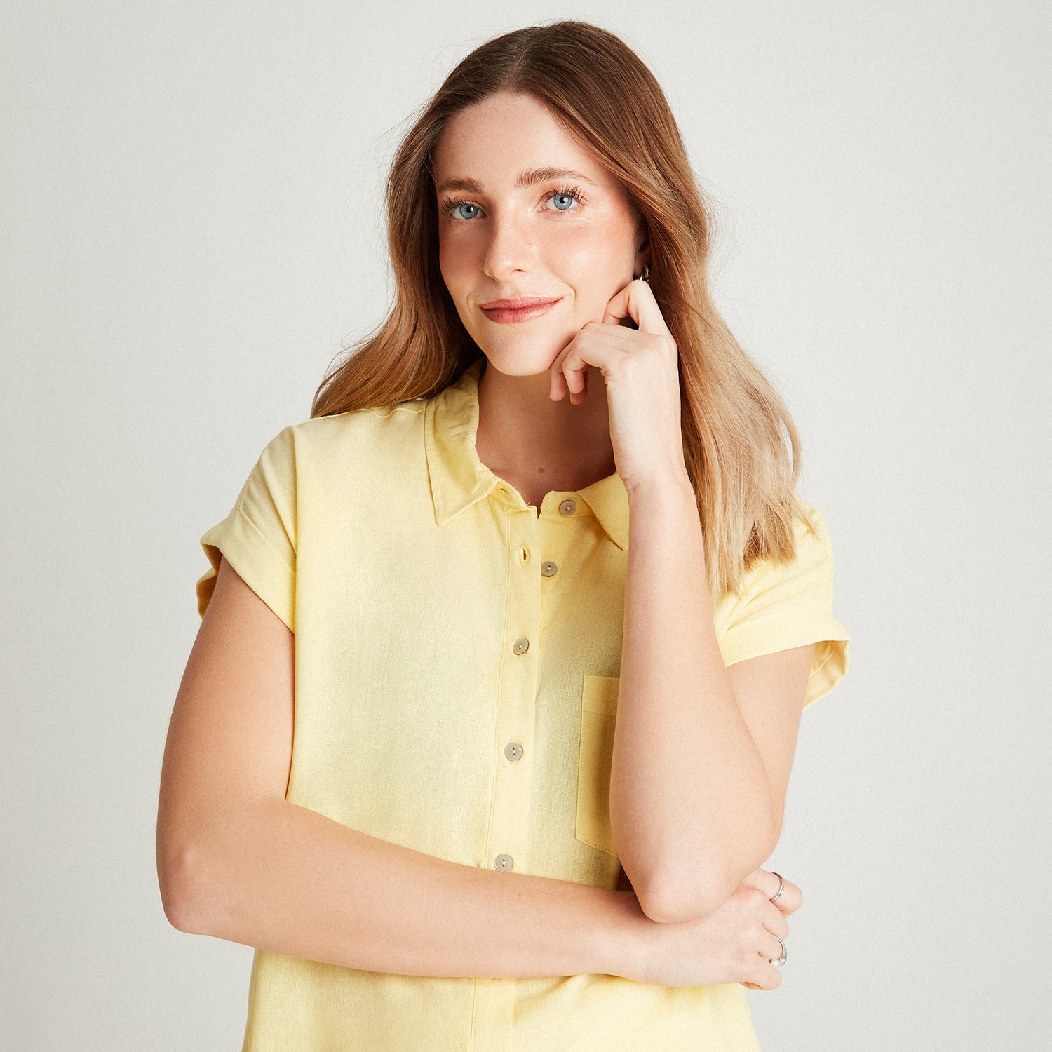 Blusa De Lino Amarillo Manga Corta High & Low