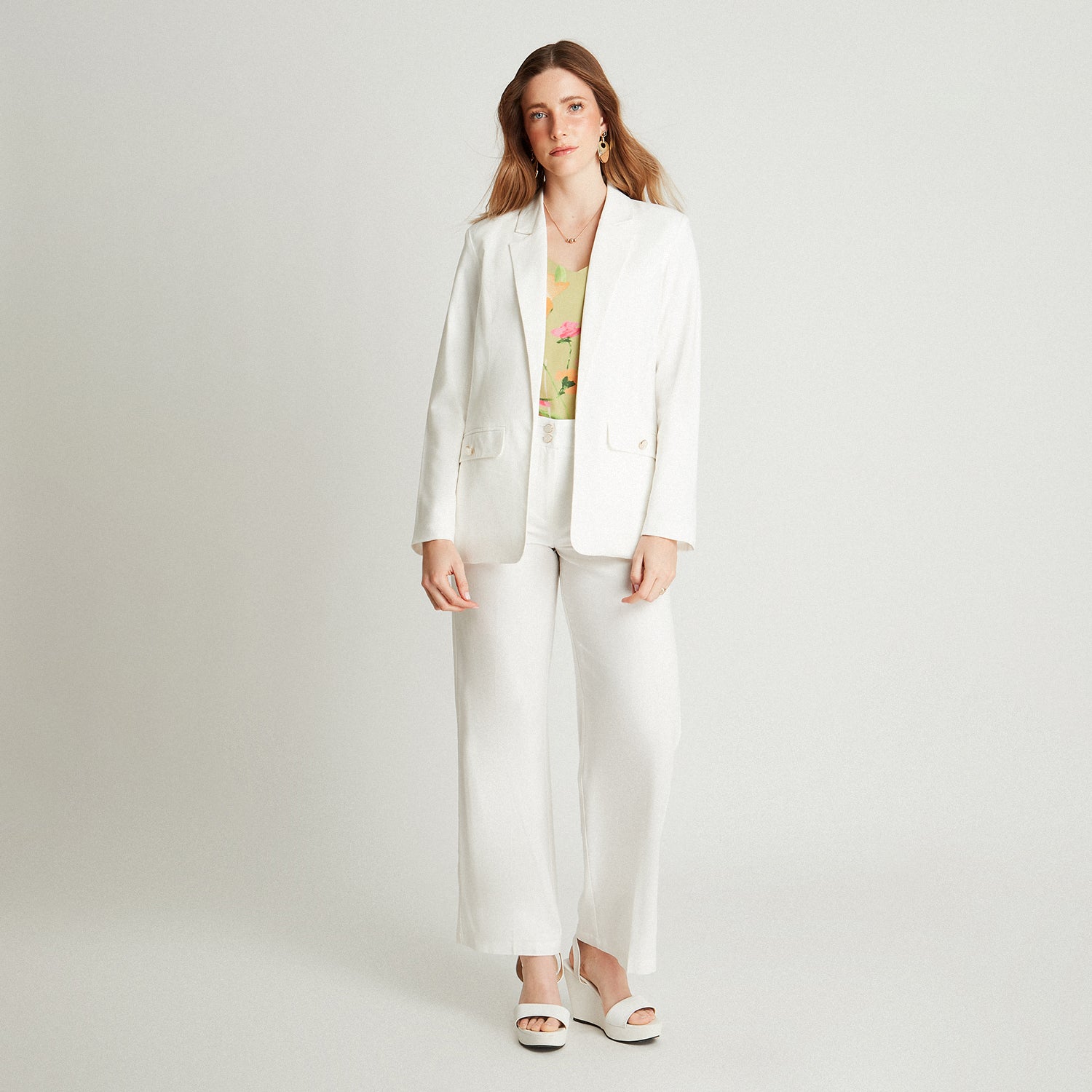 Blazer Blanco Manga Larga Cuello Solapa