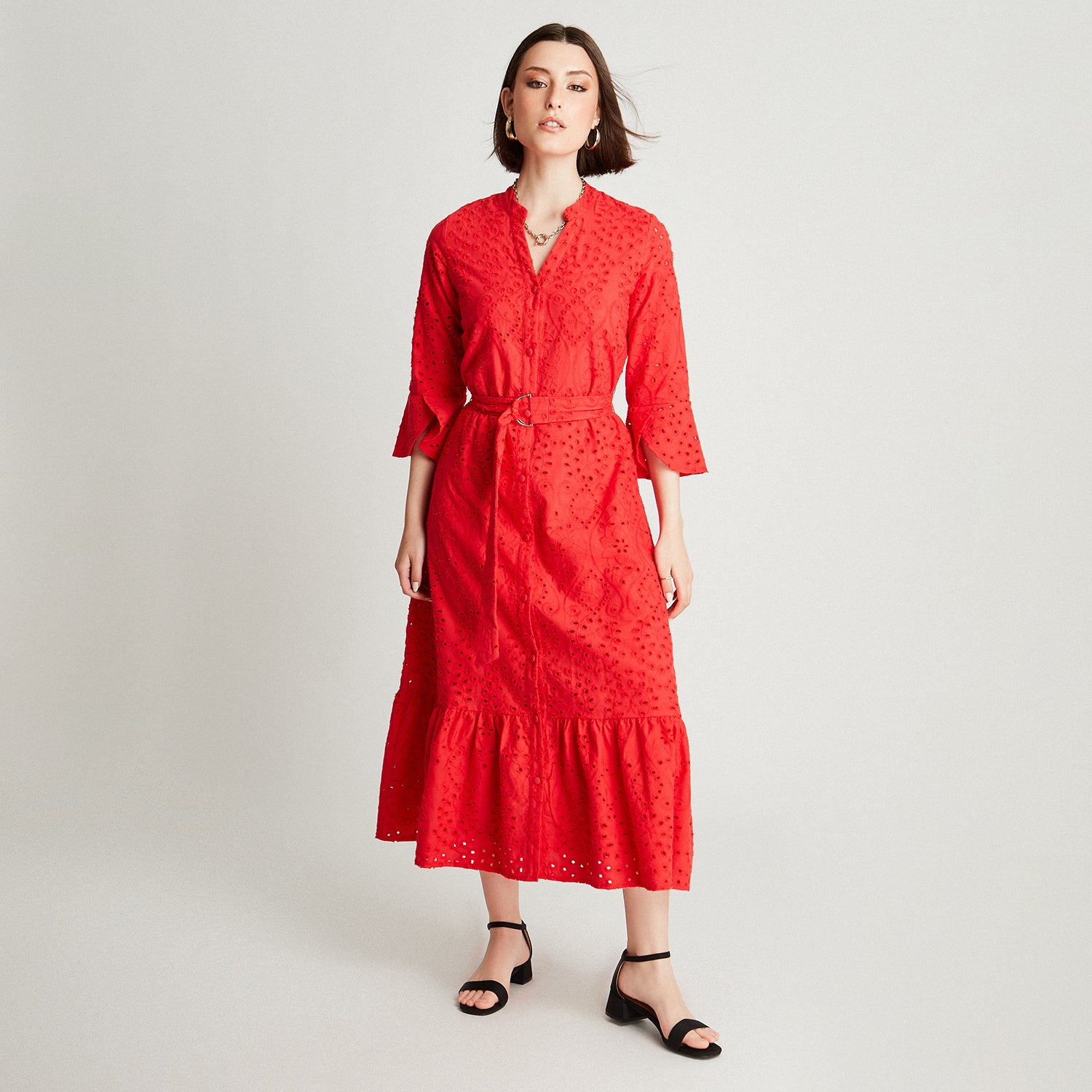 Vestido Maxi Rojo De Broderie Manga Larga Roll Up