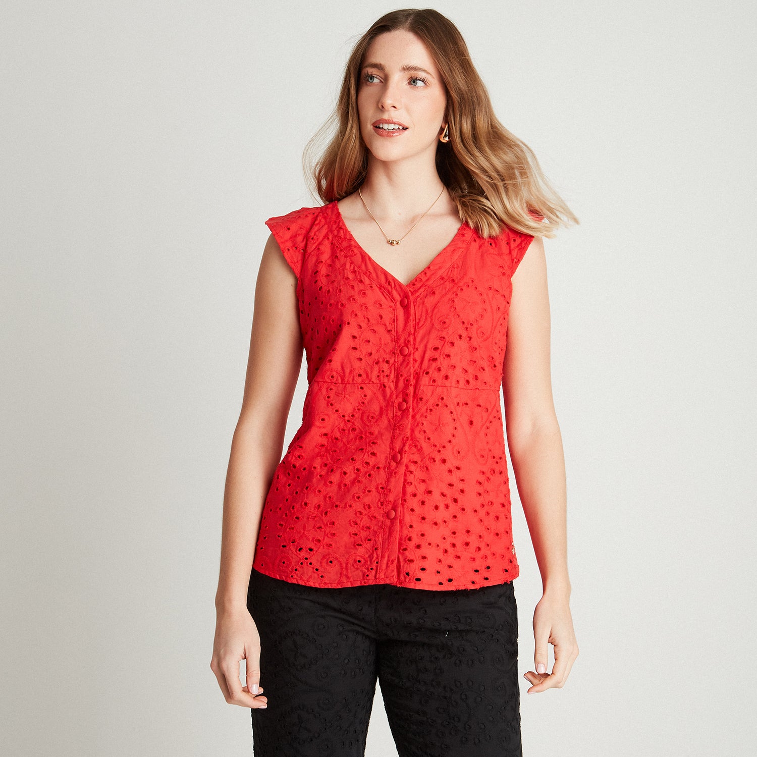 Blusa Rojo Sin Mangas De Broderie