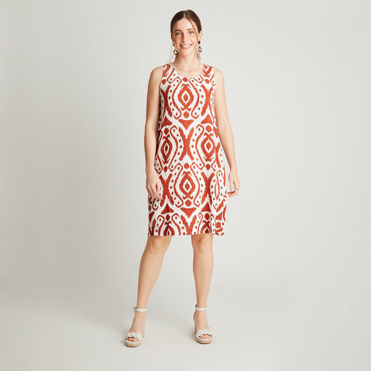 Vestido Midi Terracota Sin Manga Estampado Cuello Redondo