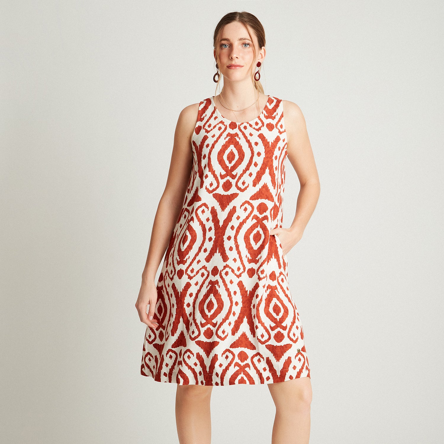 Vestido Midi Terracota Sin Manga Estampado Cuello Redondo