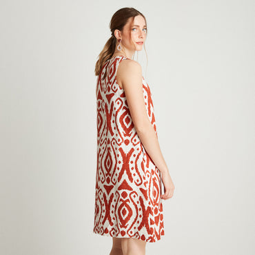 Vestido Midi Terracota Sin Manga Estampado Cuello Redondo
