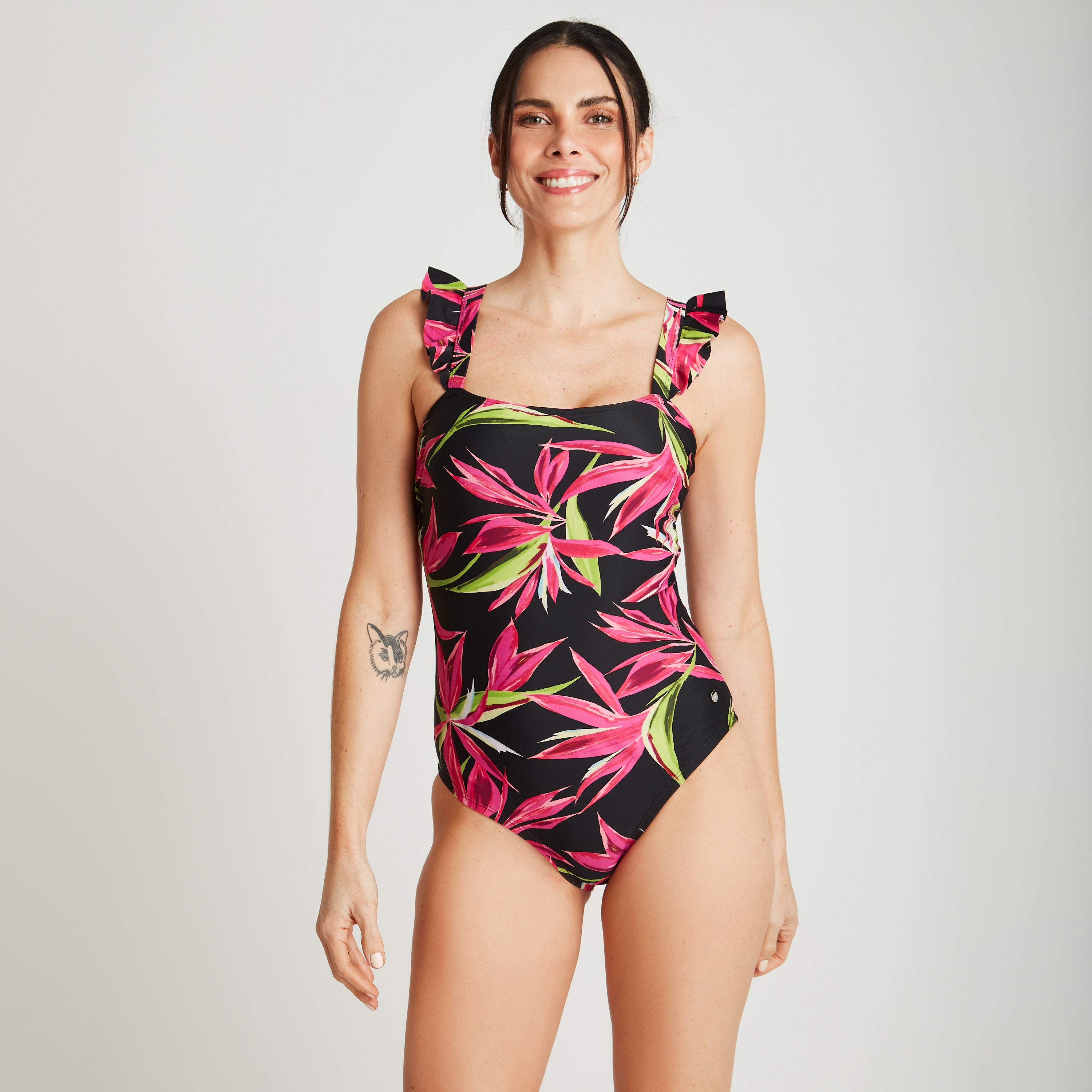 Traje De Baño 1 Pieza Estampado Tropical Negro